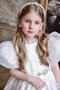 Girl's White Satin Evening Dress with Diamond-Studded Waistband, Ribbon Belt Detail, Leaf Embroidery, and Balloon Sleeves - 4