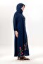 Long Sleeve Spring Buttoned Crew Neck Floral Embroidered Summer Sile Fabric Long Dress Navy Blue Lcvt - 5