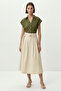 Beli Belted High Waist Pleated Pocketed Cream Midi Skirt - 2