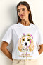 Women's White Print and Sequin Detailed Bow Basic T-Shirt 7643 60286115 - 4