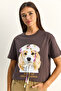 Women's Brown Print and Sequin Detailed Bow Basic T-Shirt 7643 60286115 - 2