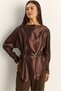 Women's Bitter Brown Asymmetrical Cut Belt Detailed Satin Blouse 7044 60286106