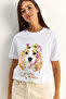 Women's White Print and Sequin Detailed Bow Basic T-Shirt 7643 60286115 - 3