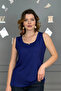 Women's navy blue u-neck blouse with thick straps, lycra cotton viscose jersey. - 2