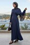Bat Sleeve Belted Navy Blue Dress - 6
