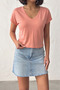 Women's Salmon V-Neck Short Basic T-Shirt Nj138 - 2