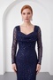 Women's Navy Blue Long Sleeve Beaded Evening Dress - 3