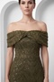 Women's Khaki Boat Neck Beaded Long Mermaid Evening Dress - 3