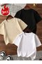 3-Pack Basic Single Jersey Plain T-Shirt - Black Beige White Oversize Short Sleeve Crew Neck