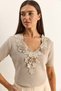 Women's Stone Flower Appliqué V-Neck Knitwear Blouse Tk261039 60286167 - 5