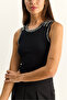 Women's Black Stone Embroidered Crew Neck Thick Strap Ribbed Blouse Öa261006 60286171 - 5