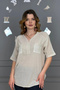 Women's Stone Color Washed Organic Cotton Linen Fabric Shoulder and Pocket Mesh Detailed Elbow Sleeve Tunic Shirt - 4