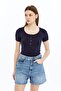 Short Sleeve Bodysuit with Ruffle Detail Navy Blue - 4