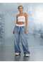 Snow Blue Elastic Waist Lace-Up Jeans Denim Loose Jean Palazzo Comfortable Fit Lycra-Free Trousers