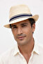 Marin Patterned Striped Summer Beige Straw Panama |   Men's Sun Protection and Beach Fedora Hat - 4