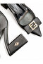 Women's Black Pointed Toe Thick Heel Open Back Heeled Shoes with Accessories