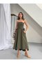 Women's Button and Belt Detailed Cotton Trench Strapless Dress - 4
