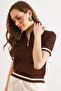 Women's Brown Polo Collar Zippered Openwork Crop Knitwear Blouse Blz-19003320 - 4