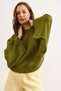 Women's Oil Green Crew Neck Openwork Loose Fit Seasonal Knitwear Blouse Blz-19003328 - 5