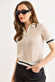 Women's Ecru Polo Collar Zippered Openwork Crop Knitwear Blouse Blz-19003320 - 2