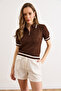 Women's Brown Polo Collar Zippered Openwork Crop Knitwear Blouse Blz-19003320 - 2
