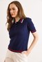 Women's Navy Blue Polo Collar Hair Knit Line Detailed Thin Knitwear Blouse Blz-19003324 - 2