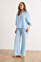 Women's Blue Striped Shirt and Pants Set Tkm-19000492 - 4