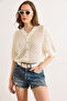Women's Ecru Tiny Diamond Patterned Crop Seasonal Cardigan Hrk-19000495 - 2