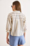 Women's Beige Navy Blue Single Pocket Striped Front Short Back Long Crop Shirt Gml-19001377 - 6