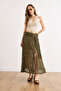 Women's Khaki Boho Skirt with Waist Accessories and Lining, Slit Design Etk-19000423 - 4