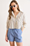 Women's Beige Navy Blue Single Pocket Striped Front Short Back Long Crop Shirt Gml-19001377