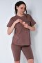 Maternity Breastfeeding Detailed Adjustable Waist Short Sleeve Leggings Set Brown - 6