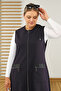 Women's Plus Size Black Leather Long Hijab Vest with Pockets - 3