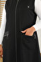 Women's Plus Size Black Leather Long Hijab Vest with Pockets - 3