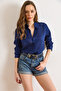 Women's Navy Blue Patch Textured Long Sleeve Shirt Gml-19001428 - 2