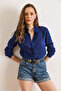 Women's Navy Blue Patch Textured Long Sleeve Shirt Gml-19001428 - 3