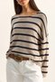 Women's Beige Navy Blue Striped Boat Neck Off Shoulder Relaxed Cut Slim Knitwear Sweater Tk261043 60286173 - 5