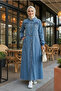 Women's Buttoned Pocketed Ribbed Detailed Denim Blue Long Cap - 4