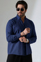New Season Oversized Cut Long Sleeve Cotton Linen Men's Shirt - Navy Blue