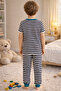 Boy's Cotton Striped Printed Short Sleeve Long Bottom Pajama Set - 4