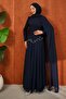 Navy Blue Crepe Evening Dress with Stones on the Front - 4