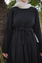 Black Front Skirt Pleated Waist Tie Modal Woven Dress - 3