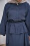 Navy Blue Hidden Button Waist Belted Shirt Skirt Suit - 4