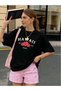 Women's Hawaiian Aloha Printed Black T-Shirt-Striped Pink-White Shorts Bottom-Top Set - 2