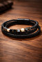 Men's Natural Stone Beaded Leather Bracelet Men's Leather Bracelet with Onyx and Hematite Stones - 3