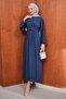 Navy Blue Pleated Dress with Tie at the Waist