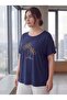 Sleeve Detailed Stone Printed Large Size T-Shirt Navy Blue - 2