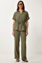 Belted Button Detailed Linen Top and Bottom Set Lby0055 Khaki
