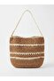 Women's Beige Straw Pearl Knitted Handmade Beach and Shoulder Bag-Unlined