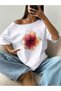 Women's Boat Neck Hibiscus Flower Printed White T-Shirt - 2